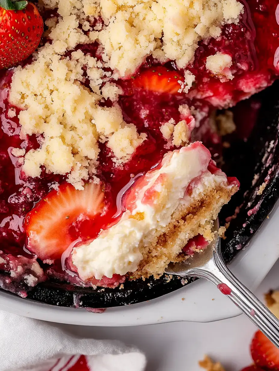 Erdbeer-Dessert mit knuspriger Kruste und cremigen Lagen, mit Gabelstück im Fokus.