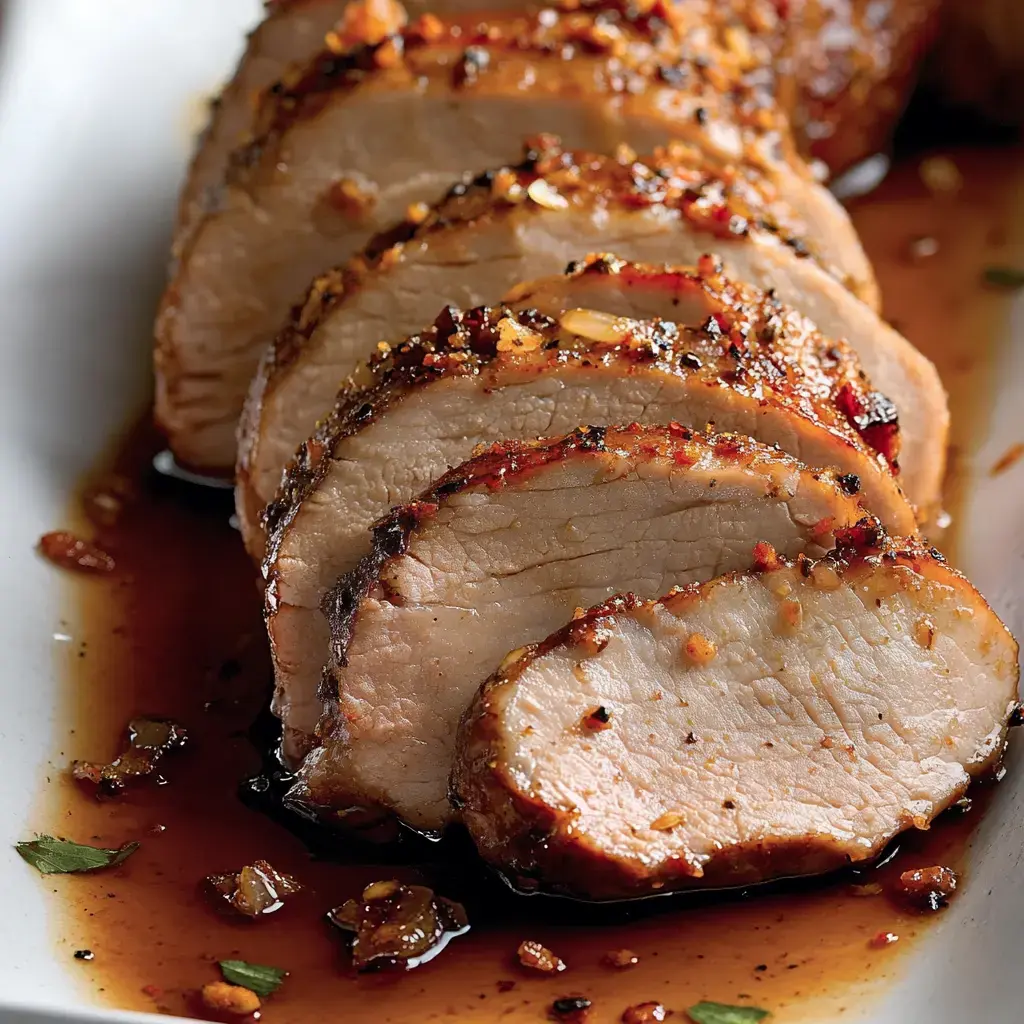 Nahaufnahme vom aufgeschnittenem Schweinefilet mit Glasur und Gewürzen garniert.
