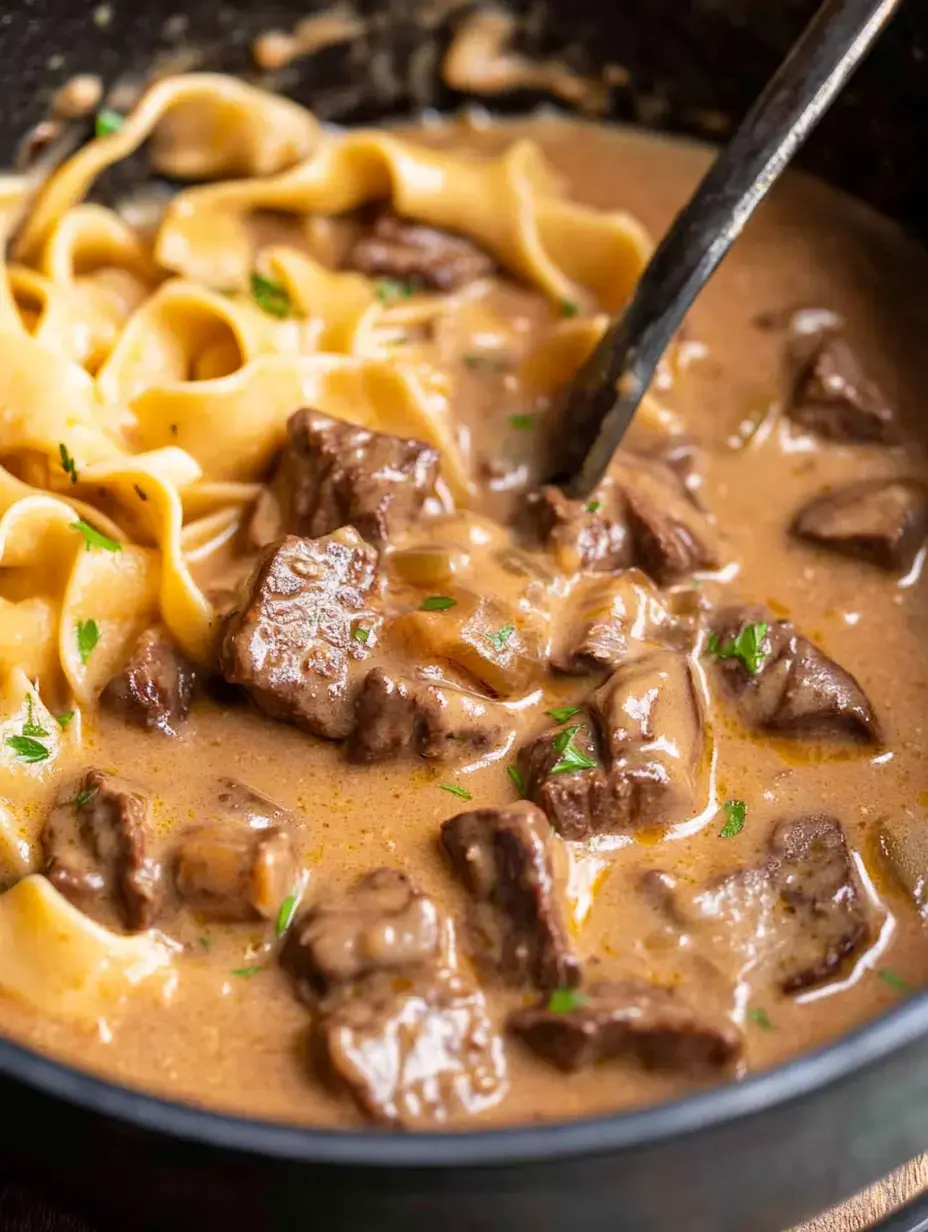 Nahaufnahme: Schüssel mit saftigem Rindfleisch, breiten Eiernudeln in cremiger Sauce und etwas Petersilie.