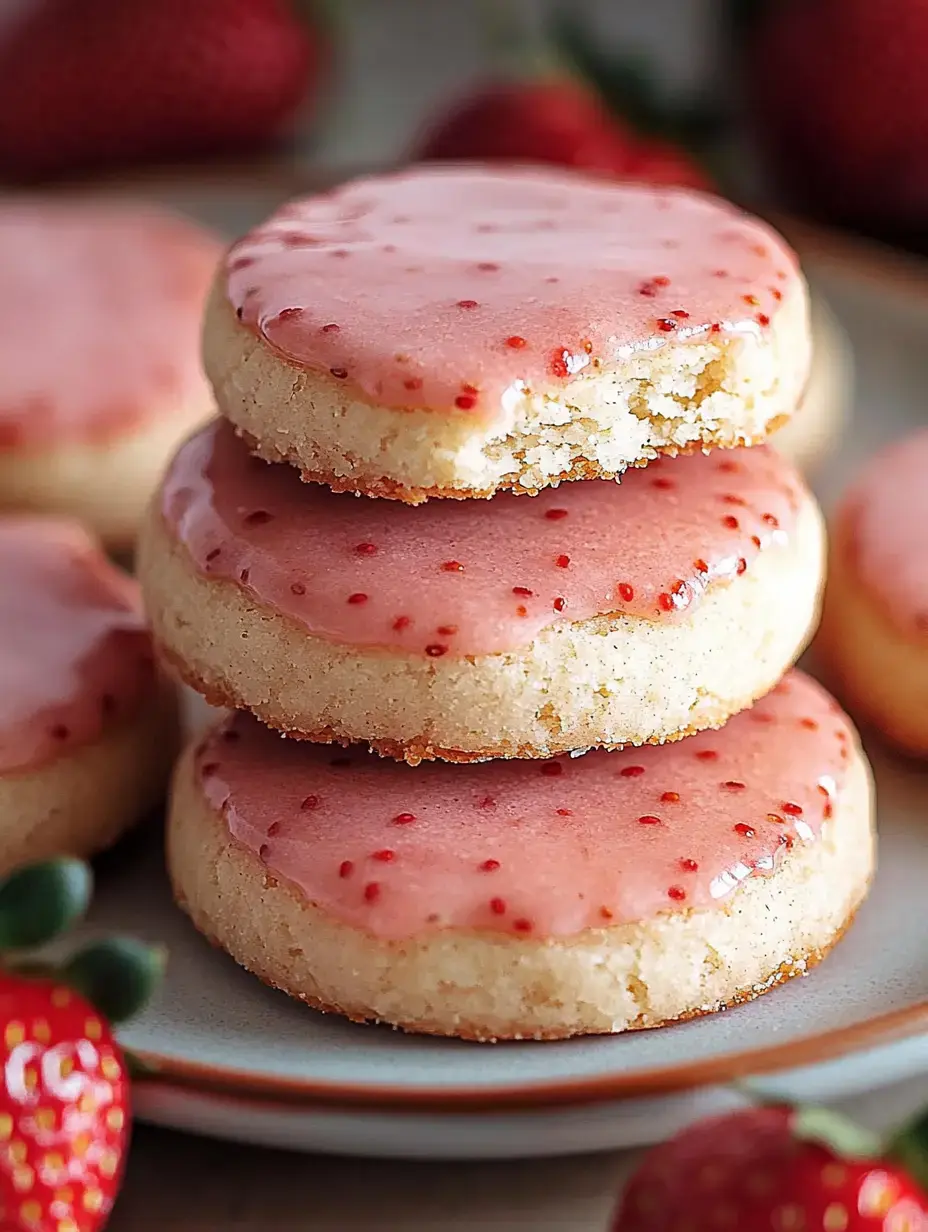 Drei übereinander gestapelte runde Kekse mit rosa Zuckerguss und roten Sprenkeln, drumherum liegen frische Erdbeeren.