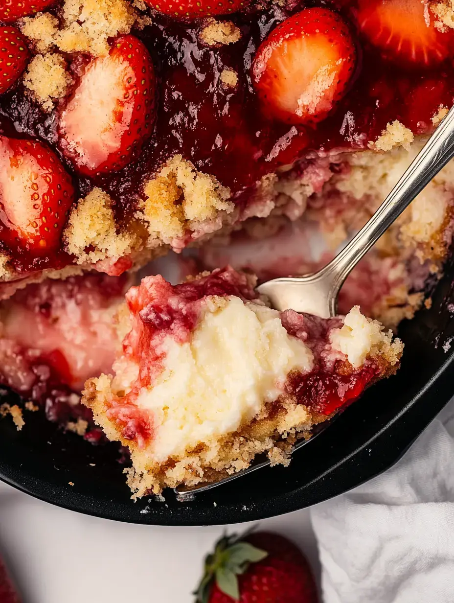 Erdbeer-Dessert, bei dem eine Portion mit dem Löffel entnommen wurde: Man sieht cremige und fruchtige Schichten.