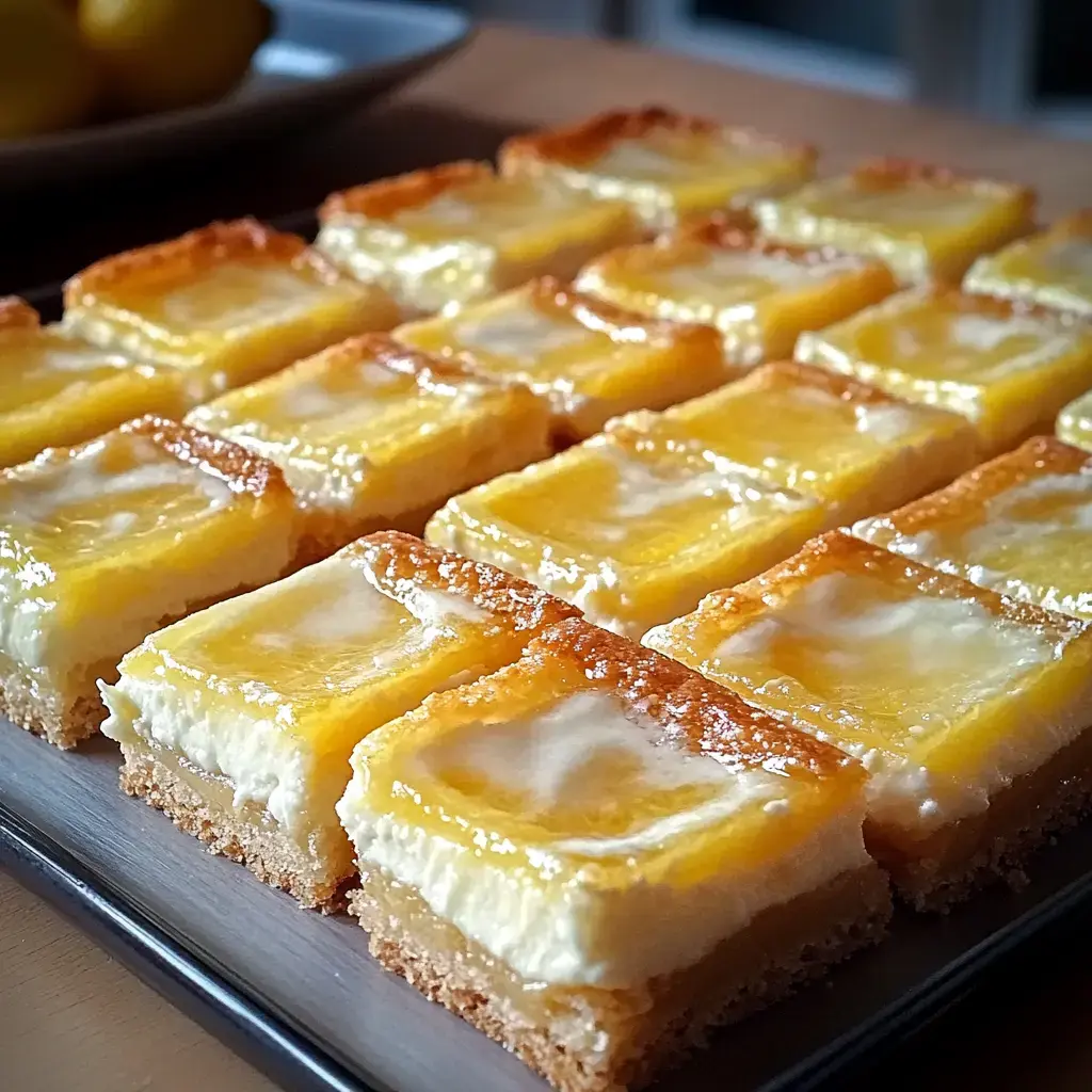 Nahaufnahme von Zitronen-Ecken mit goldener Kruste und cremiger Füllung, auf einer Platte angerichtet.