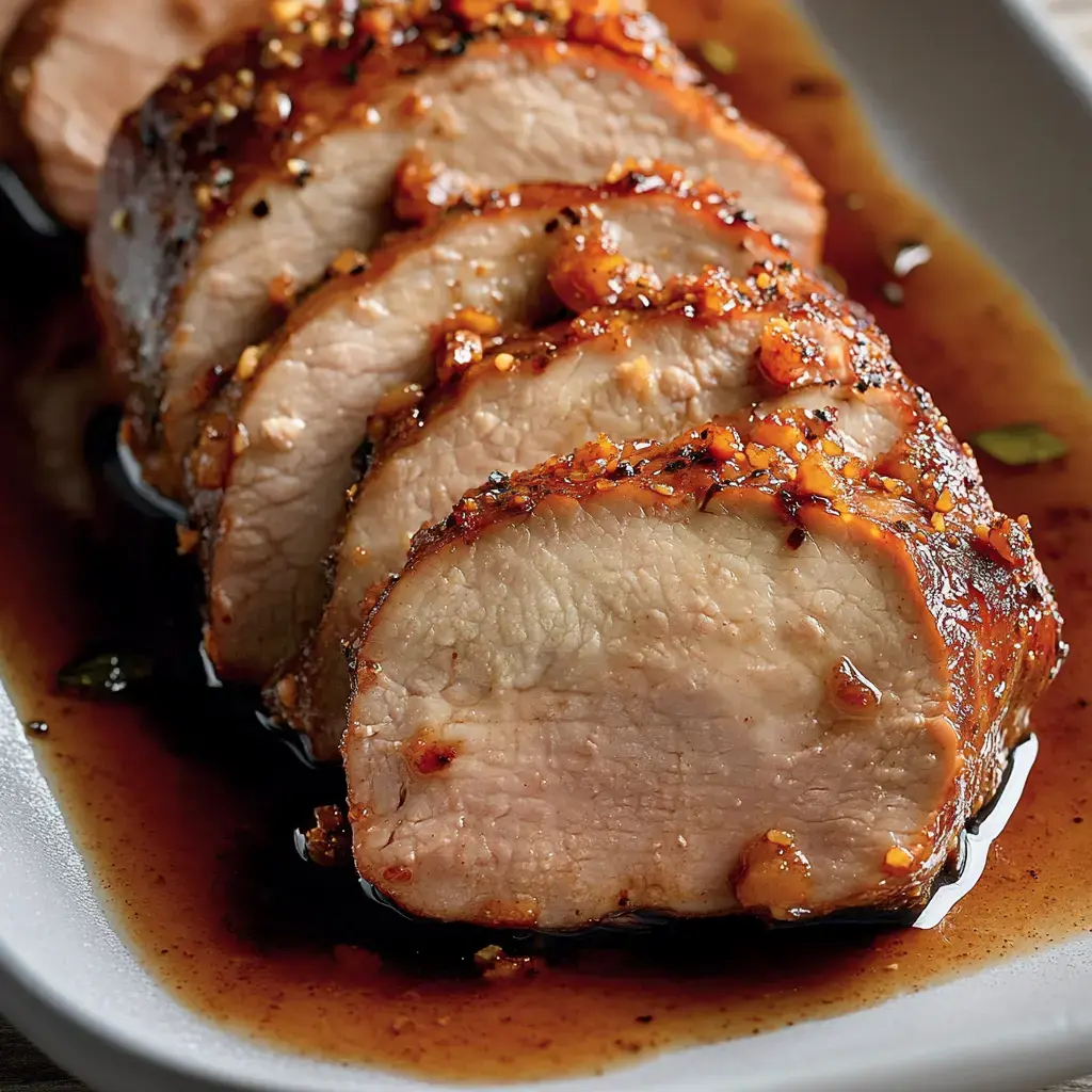 Glasiertes, aufgeschnittenes Schweinefilet auf einem grauen Teller und in würziger Soße angerichtet.