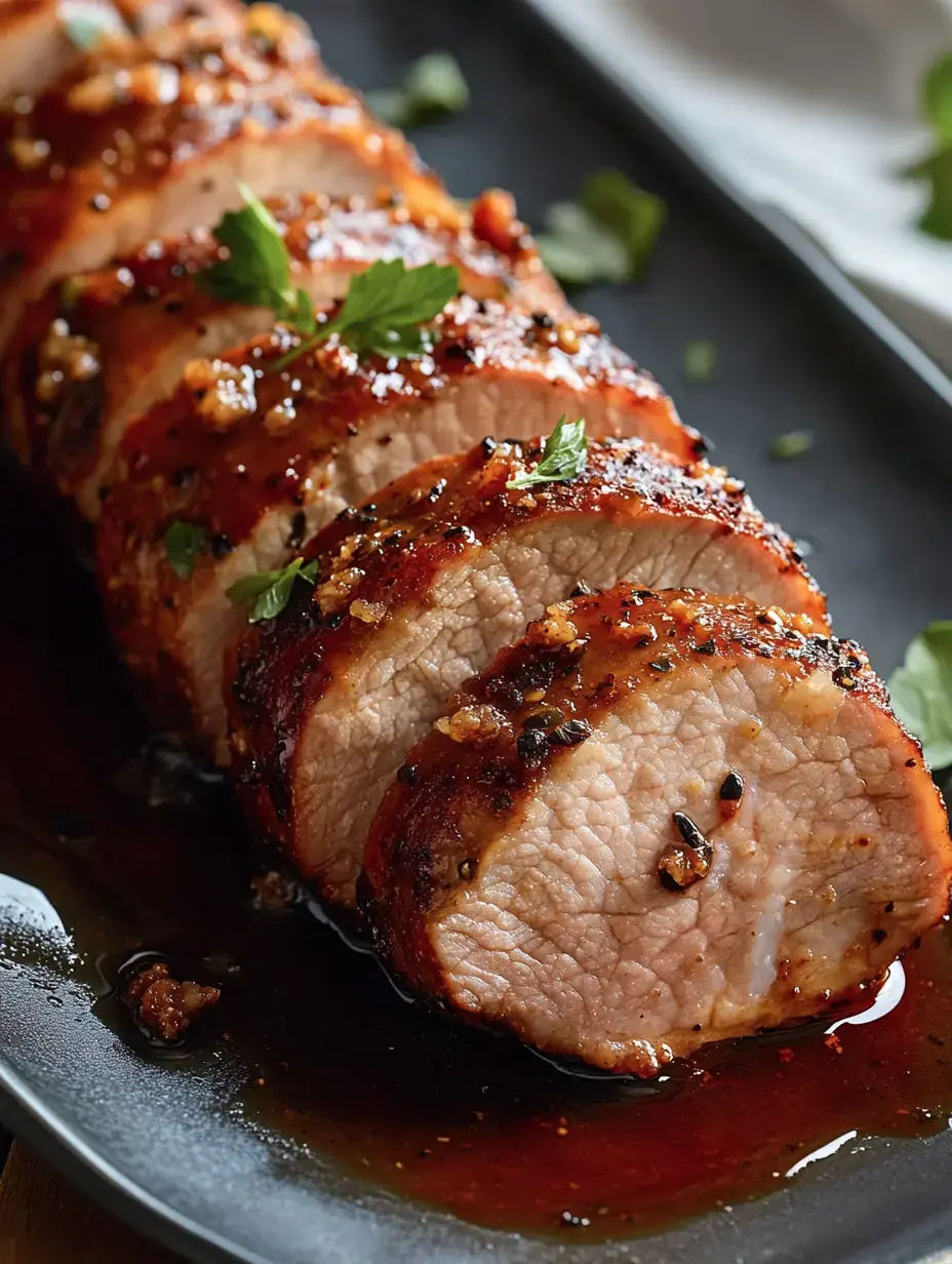 Schön aufgeschnittenes, glasiertes Schweinefilet auf dunkler Platte, mit frischen Kräutern garniert.