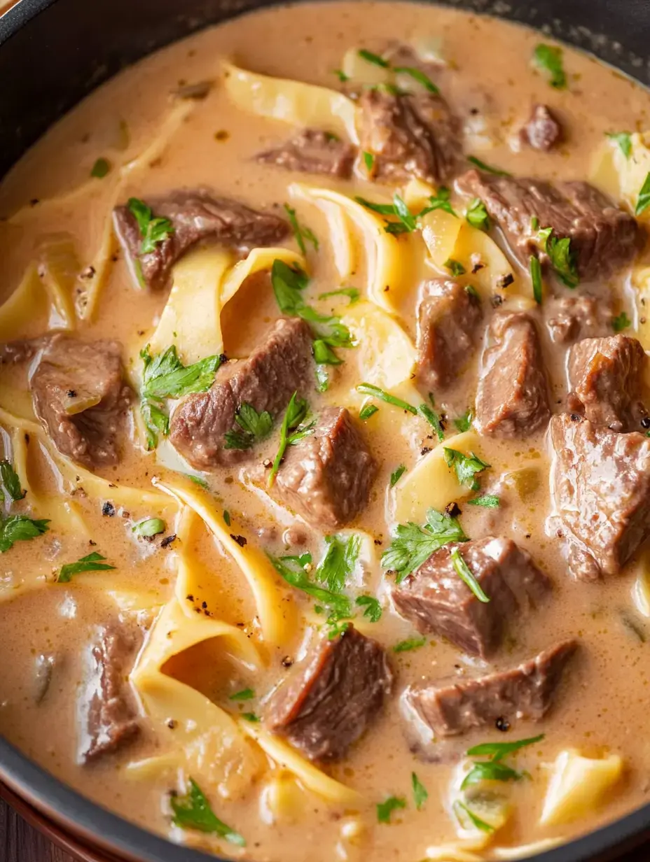 Cremiges Stroganoff mit saftigem Fleisch, breiten Nudeln und Petersilie obendrauf – einfach zum Wohlfühlen.