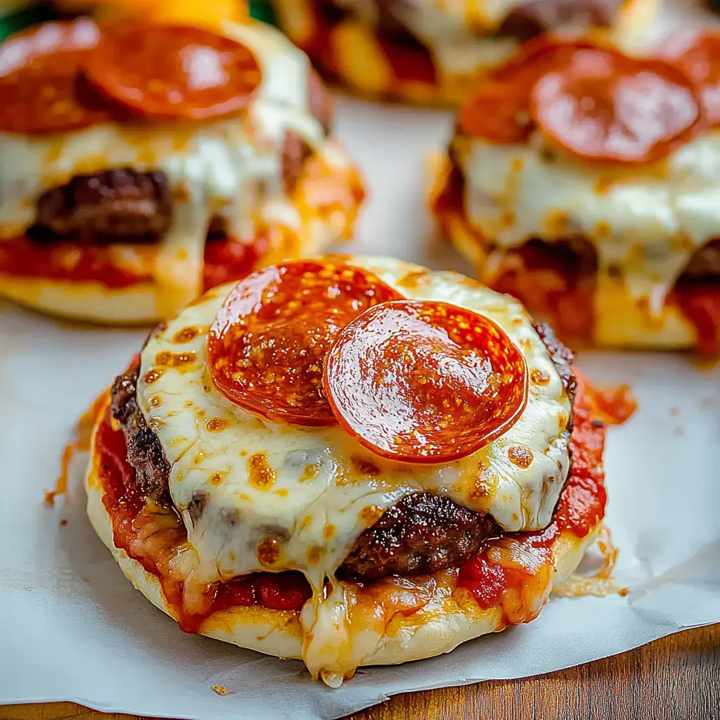 Drei Hamburgerpatties mit geschmolzenem Käse, Pepperoni und Tomatensoße auf weißem Teller.