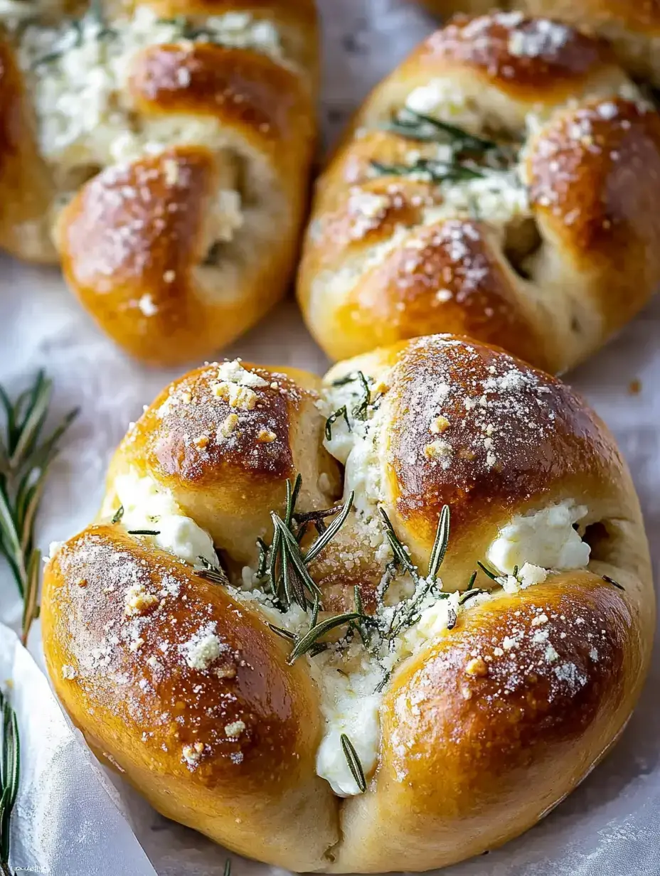 Nahaufnahme von ofenfrischen, goldbraunen Brötchen mit Rosmarin und Käsestreuseln.