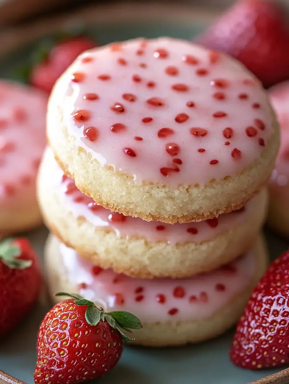 Drei gestapelte runde Kekse mit rosa Frosting und roten Pünktchen, daneben frische Erdbeeren.