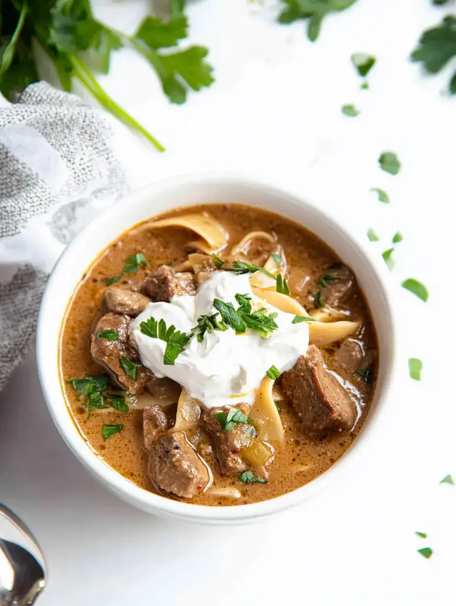 Schüssel mit Rindfleischsuppe, Nudeln, Klecks Sauerrahm, frische Petersilie und Kräuter drumherum auf grauem Tuch.