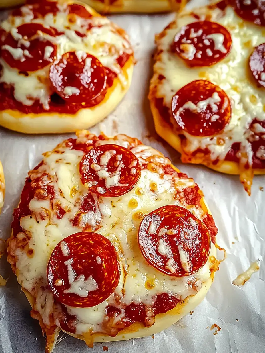 Nahaufnahme von kleinen Mini-Pizzas mit geschmolzenem Käse und Pepperoni auf einem Blech.