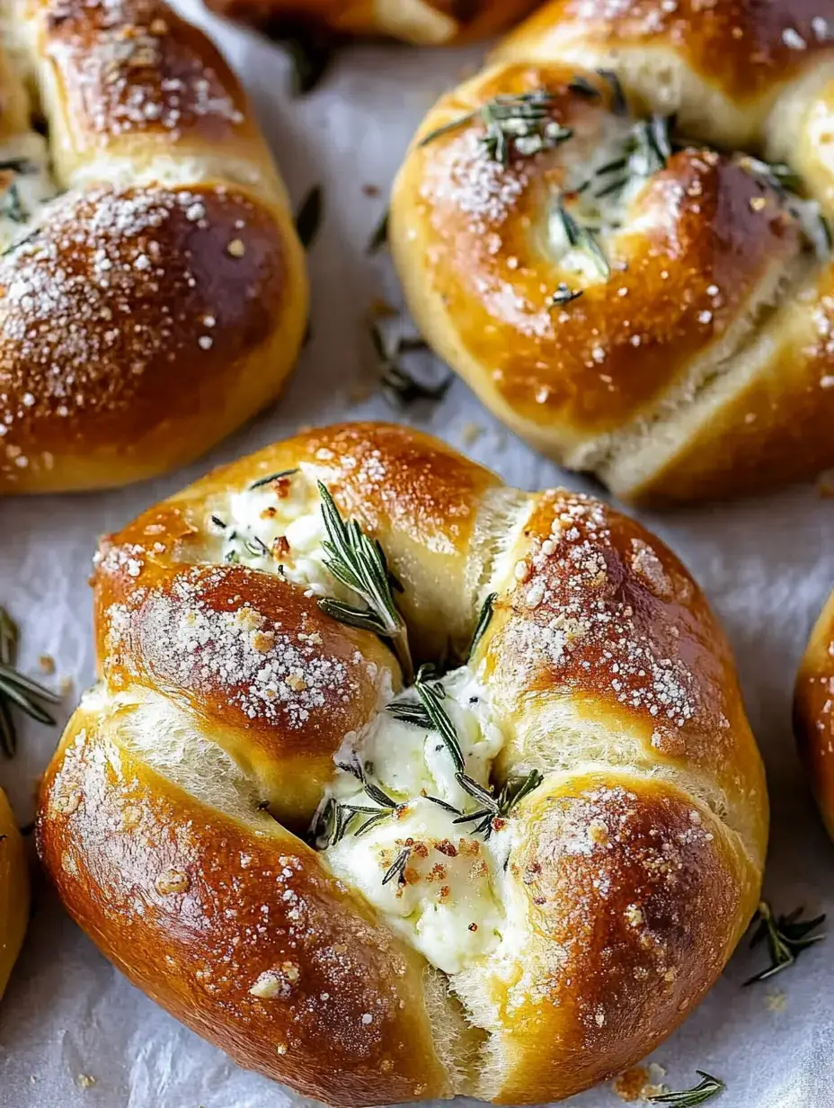 Nahaufnahme von weichen, goldenen Brötchen mit Käsefüllung, frischem Rosmarin und etwas Mehl.
