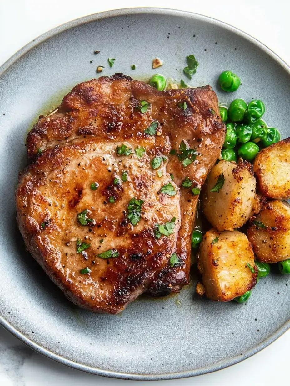 Auf einem Teller ein gebratenes Schweinekotelett mit gehackten Kräutern. Dabei Erbsen und knusprige Kartoffeln.