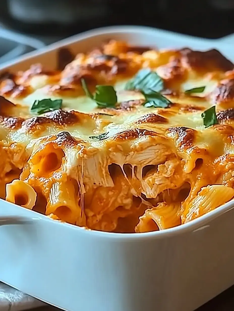 Nahaufnahme eines überbackenen Pastagerichts mit viel geschmolzenem Käse und grünen Kräutern in einer weißen Form.