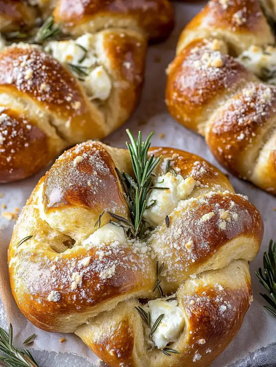 Frisch gebackene Brezelknoten, gefüllt mit weichem Käse und mit Rosmarinzweigen dekoriert.