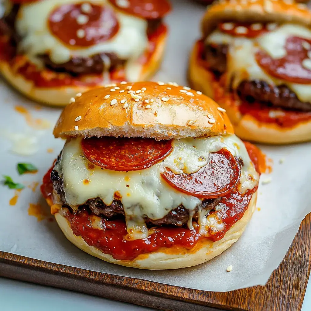 Großaufnahme von saftigem Burger mit geschmolzenem Käse und Pepperoni im Sesambrötchen und Tomatensoße.