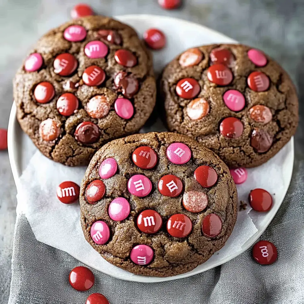 Drei große Schokokekse mit roten und pinken Schokolinsen auf einem weißen Teller.