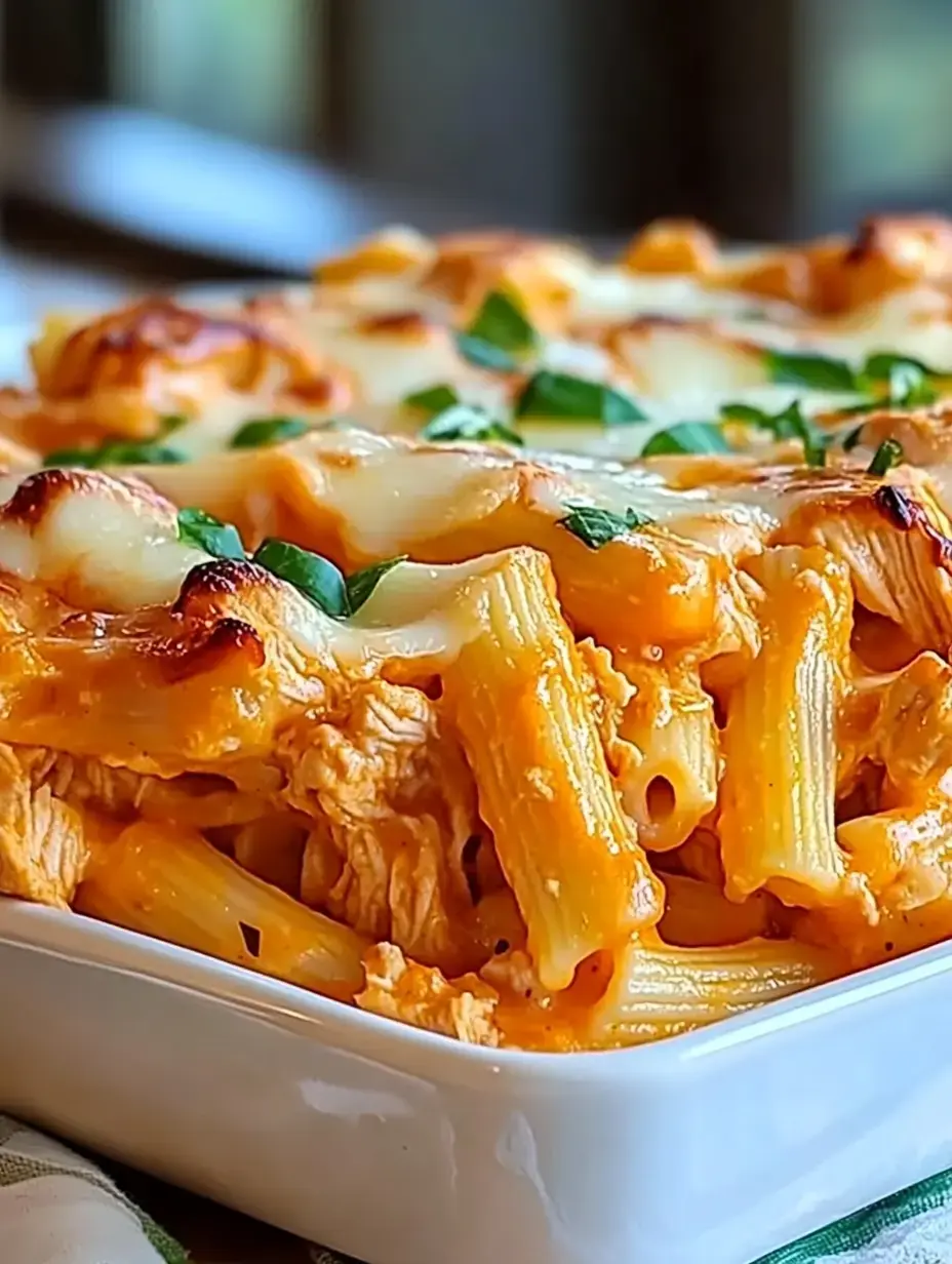 Nahaufnahme eines cremigen Pasta-Auflaufs mit Rigatoni, Hähnchenstreifen und Käse, getoppt mit frischen Kräutern in einer weißen Schale.