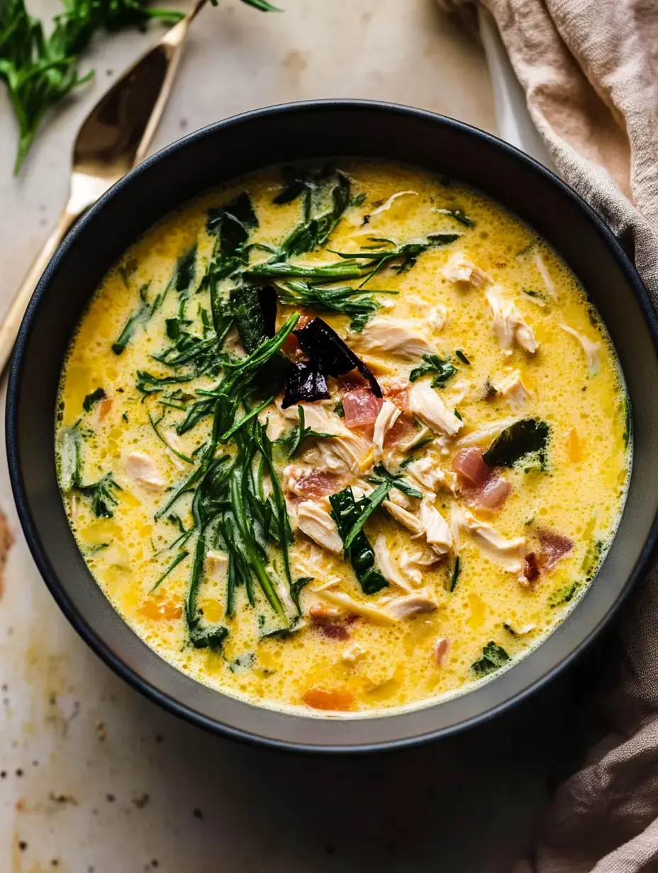 Eine Schüssel mit cremiger Suppe, mit zerkleinertem Hähnchen, viel Grün und goldgelber Brühe.