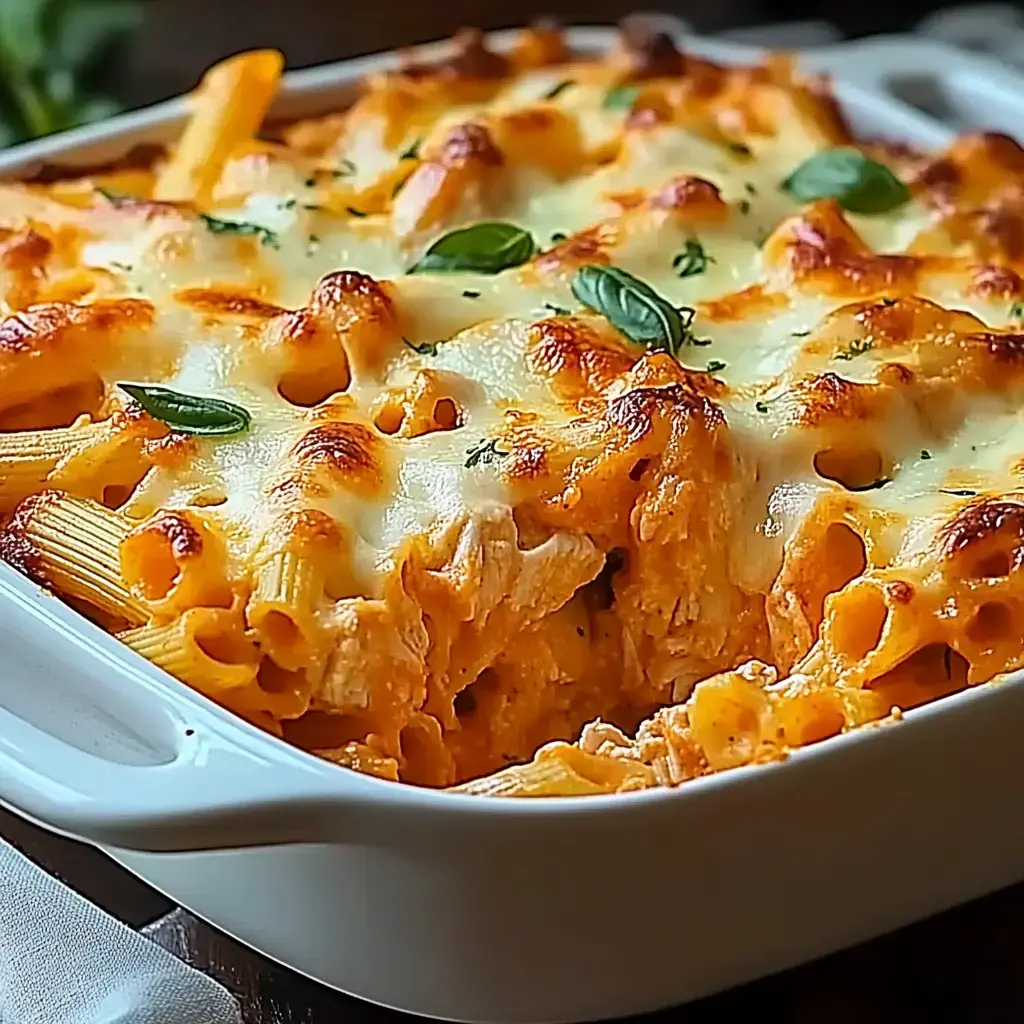 Cremiger Pasta-Auflauf aus dem Ofen, überbacken mit Käse und frischem Basilikum bestreut.