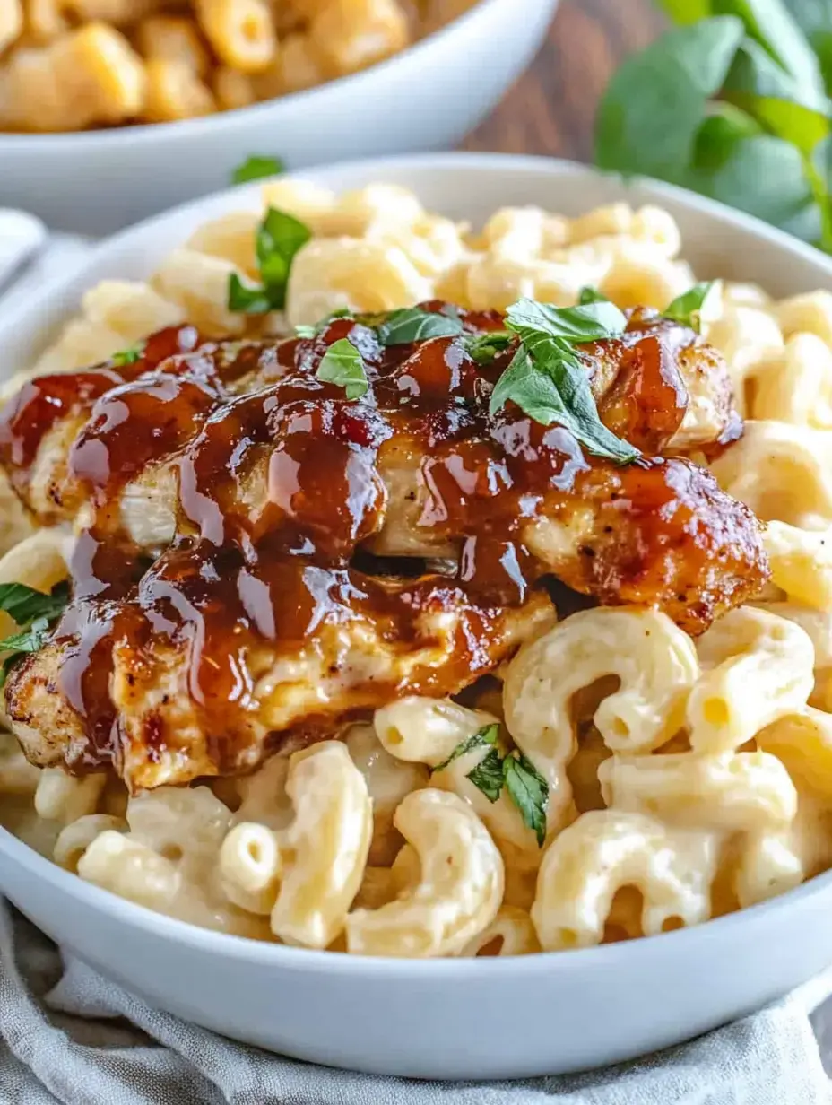 Eine Schüssel cremige Makkaroni mit gegrilltem Hühnchen und Barbecuesoße, garniert mit frischen Kräutern.