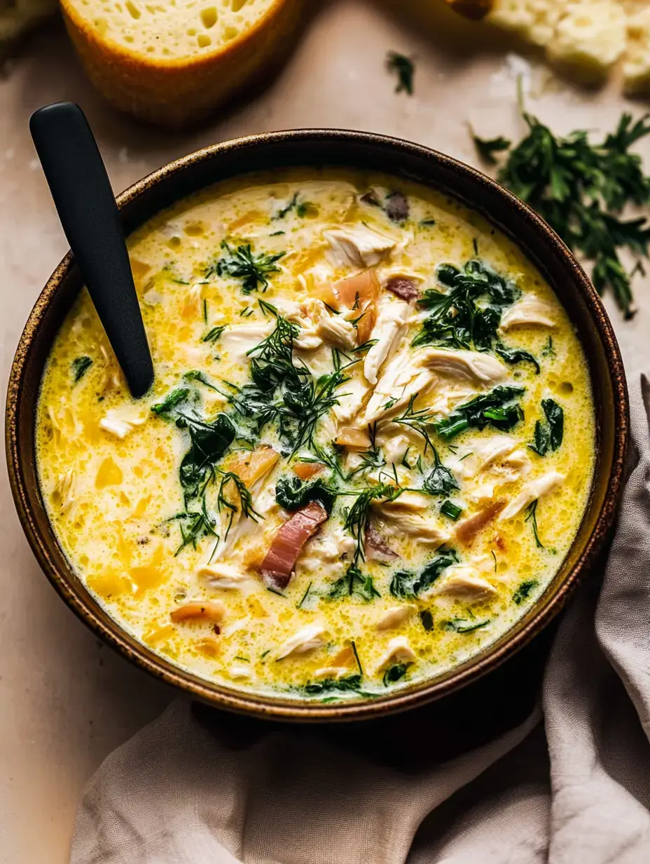 Nahaufnahme einer cremigen Hähnchensuppe mit frischen Kräutern, dazu Brotscheiben.