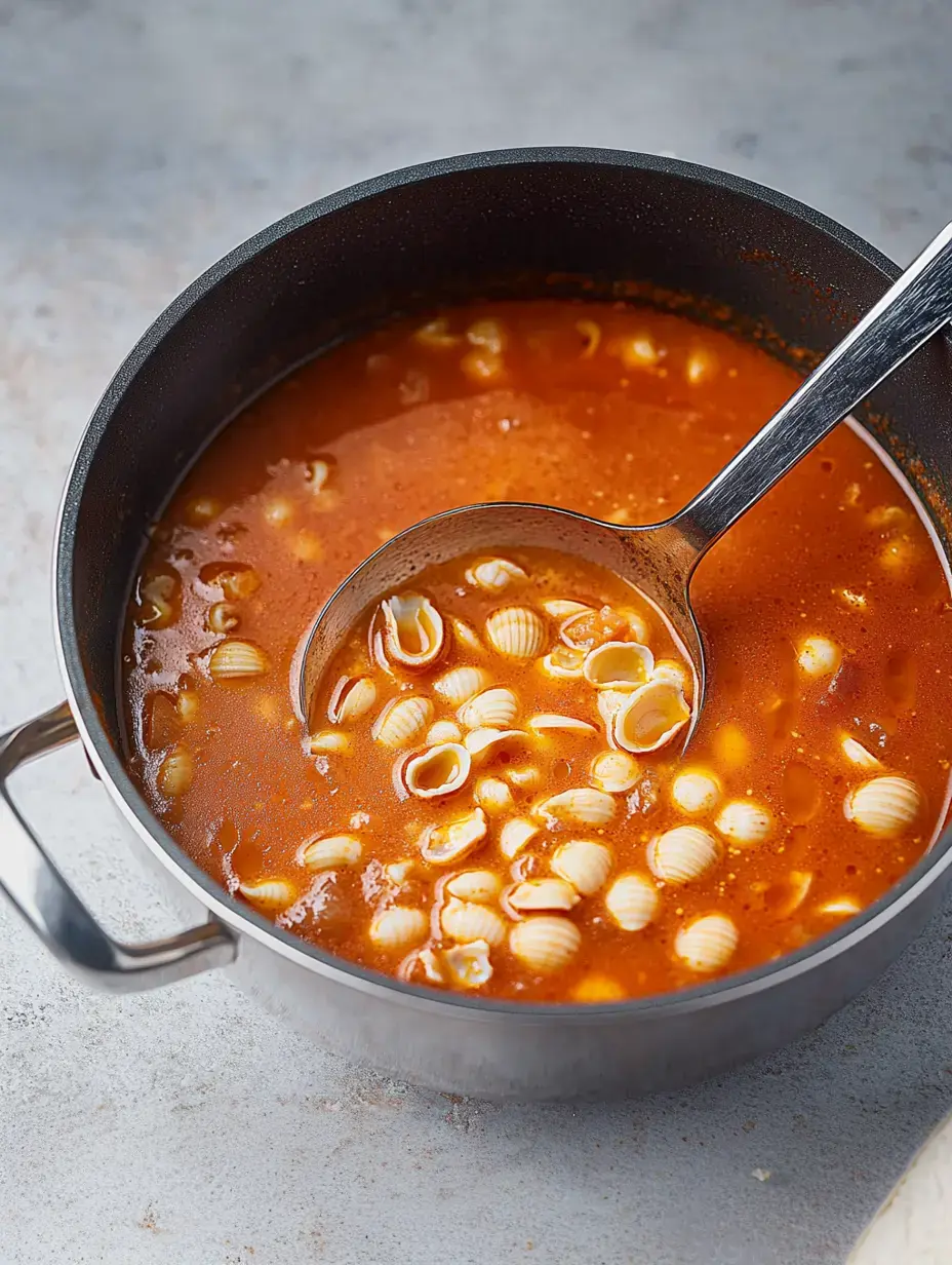 Ein Topf mit Tomatensuppe, kleinen Nudeln und einer Kelle darin.