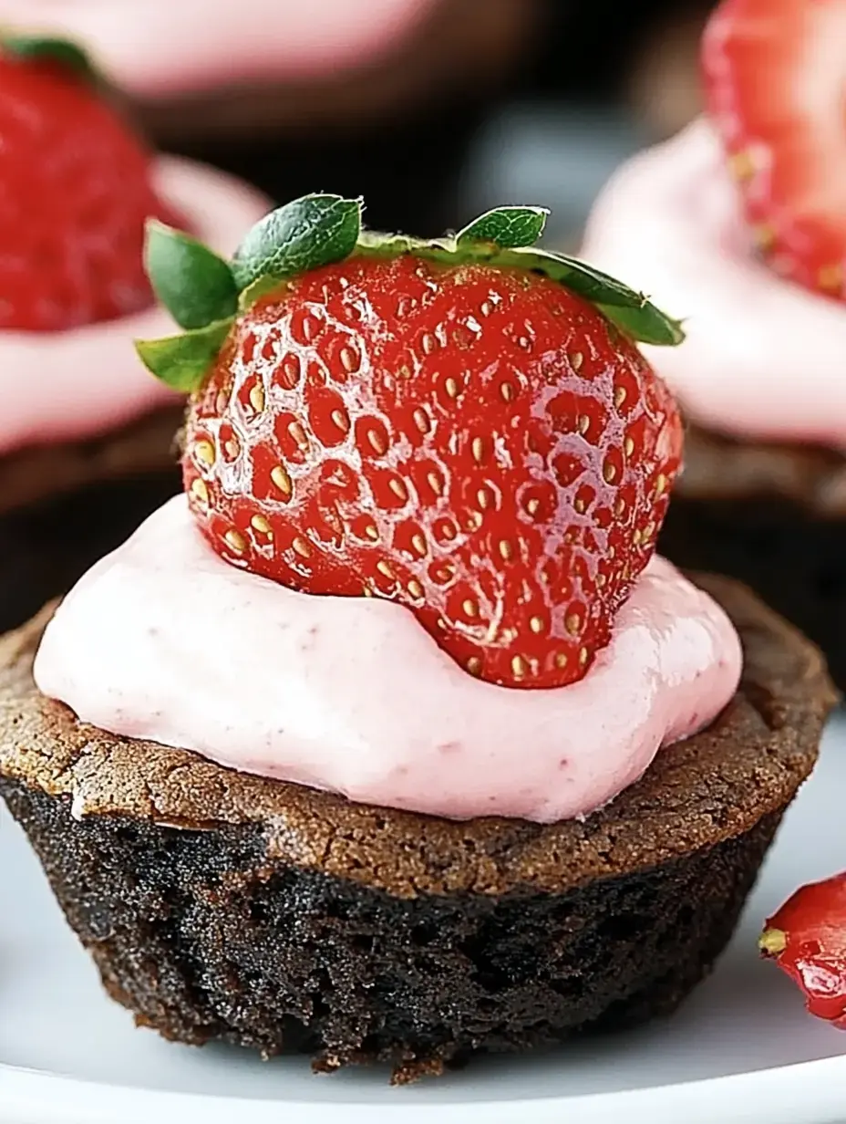 Nahaufnahme von schokoladigen Brownie-Cupcakes mit rosa Creme und frischer Erdbeere.