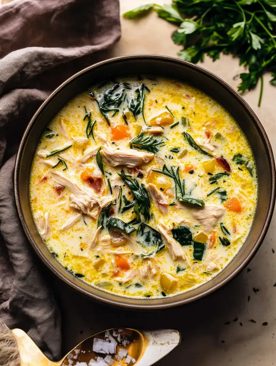 Nahaufnahme von einer cremigen Hähnchensuppe mit Gemüse und viel Grünem, daneben ein Löffel mit Salz.