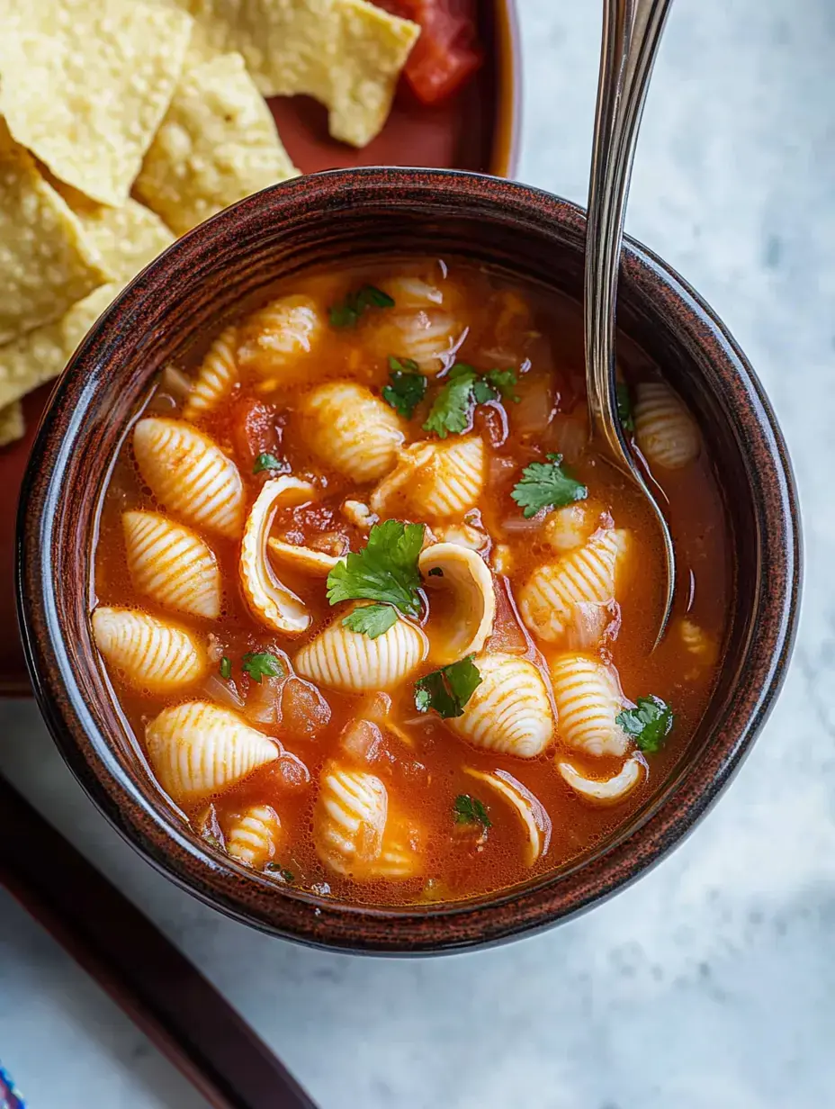 Eine Schüssel Suppe mit Muschelnudeln, Koriander und daneben Tortillachips.