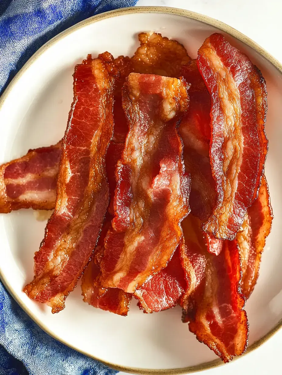 Knusprige Baconstreifen liegen ordentlich angerichtet auf einem weißen Teller.