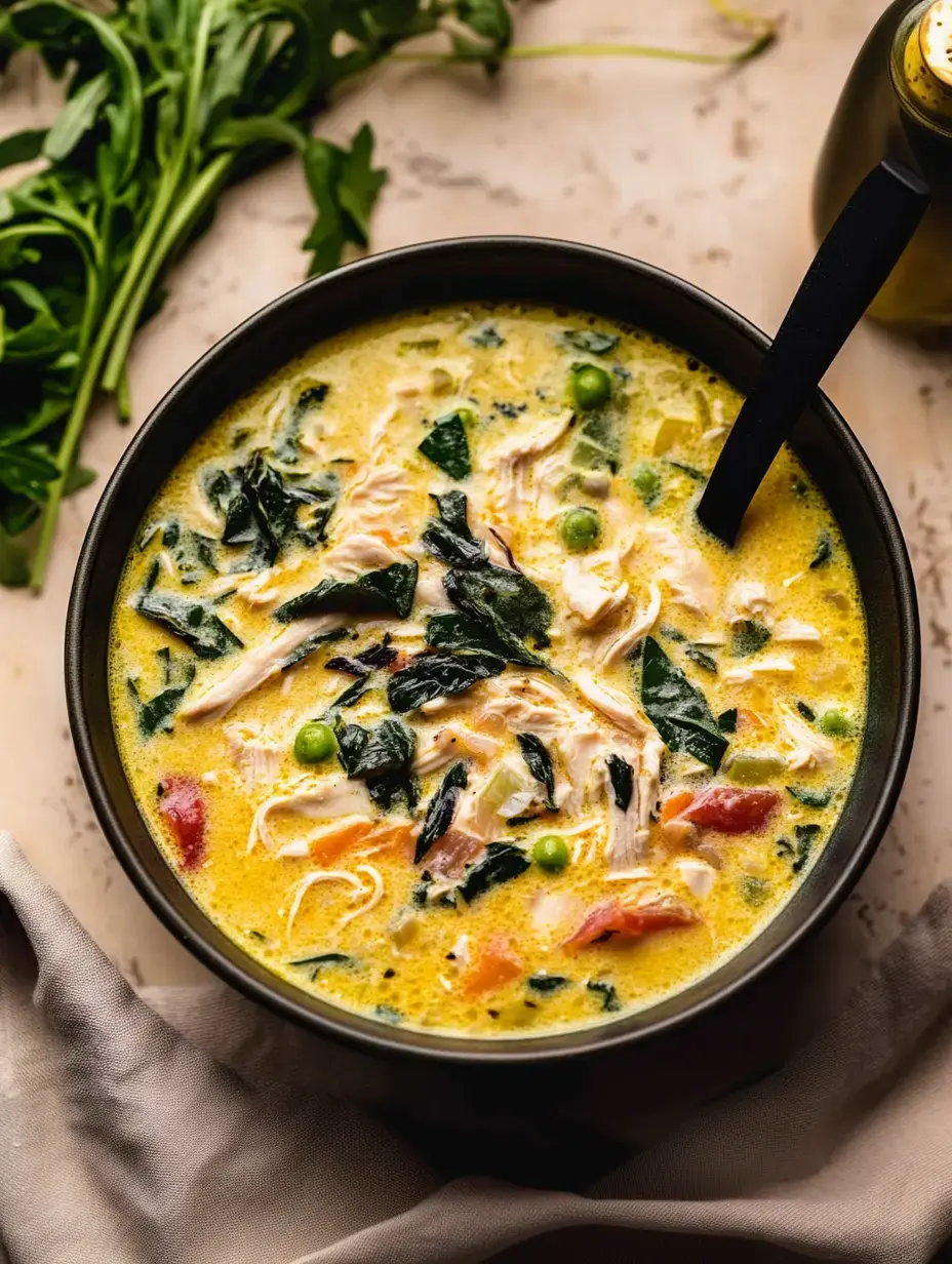 Nahaufname einer cremigen Hähnchensuppe mit grünem Gemüse und Hühnchenfasern, dazu frische Kräuter am Rand.