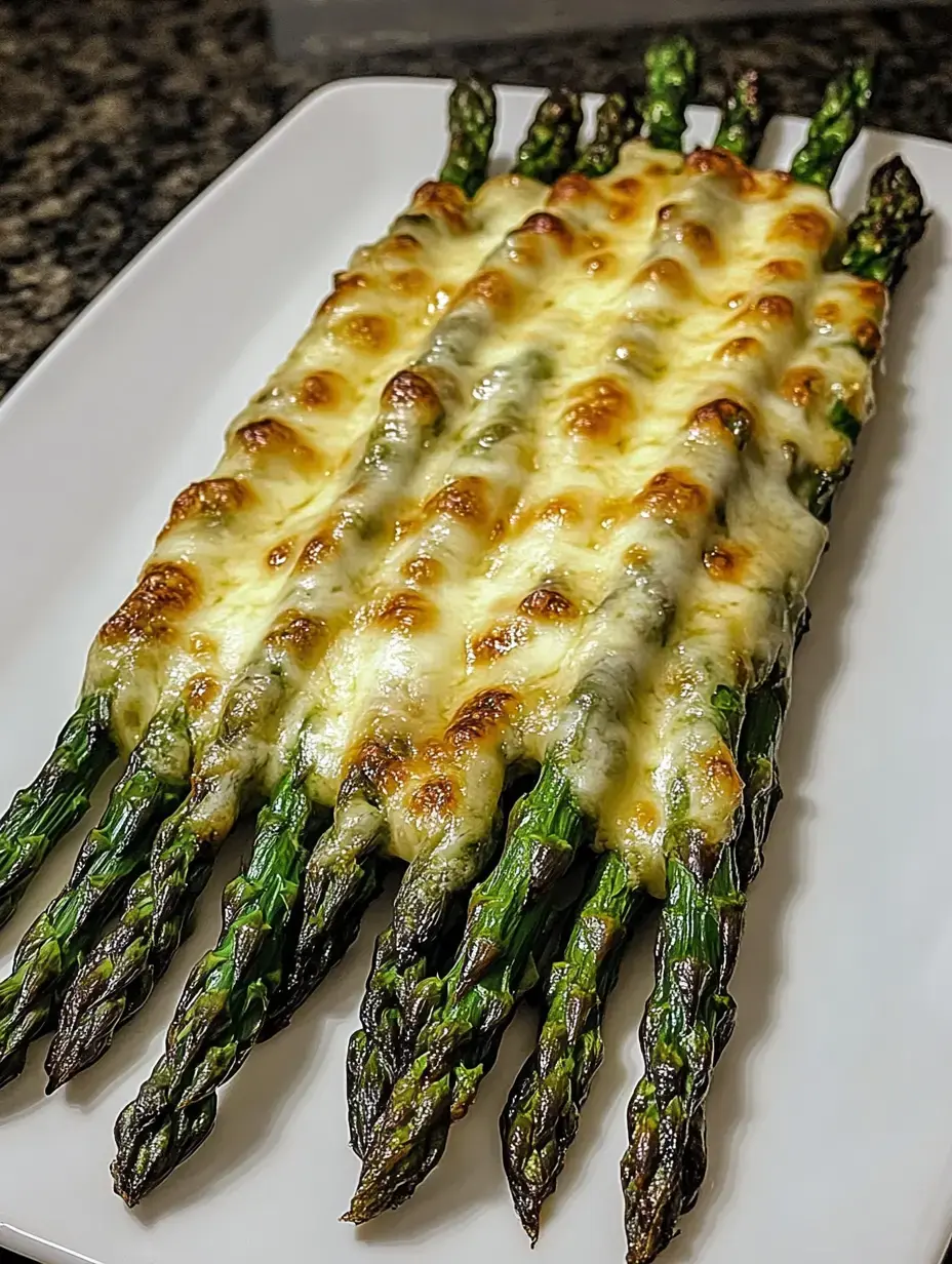 Gerösteter Spargel mit geschmolzenem Käse auf weißem Teller serviert.