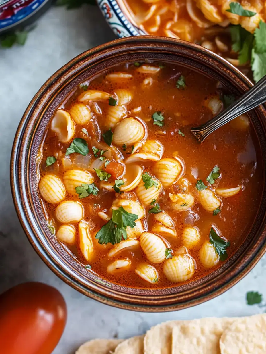 Eine Schüssel Pasta-Suppe mit frischem Koriander, Tomate und Tortillachips.