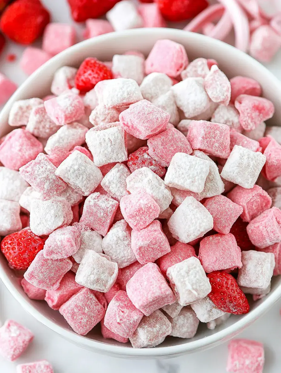 Eine Schüssel mit rosa-weißen, pudrigen Knusperstücken neben frischen Erdbeeren.