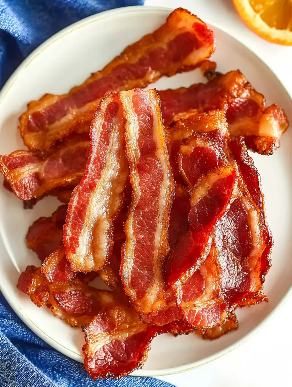 Eine ordentliche Portion knuspriger Baconstreifen auf einem weißen Teller, daneben ein Stück Orange und ein blaues Tuch.