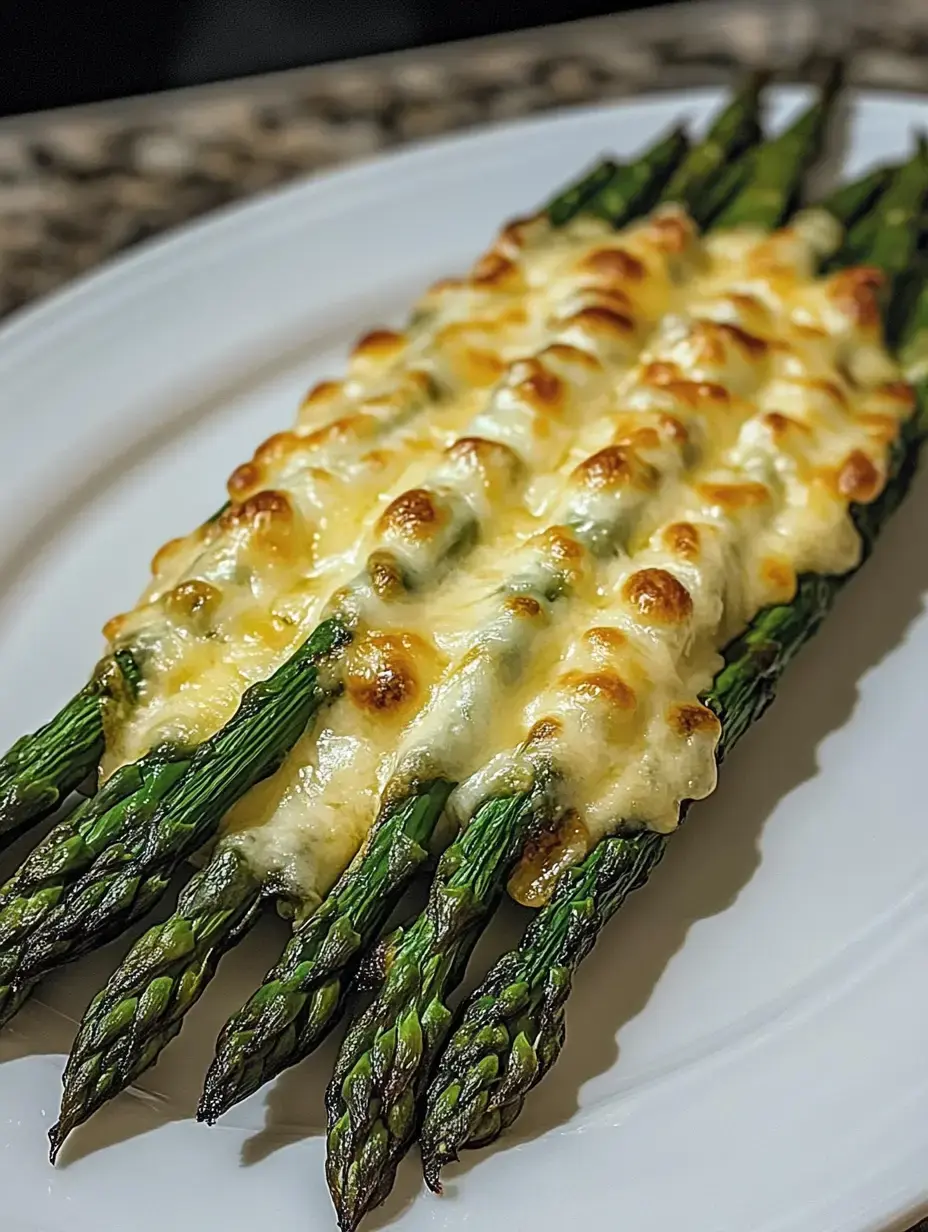 Überbackener Spargel mit Käse auf weißem Teller angerichtet.
