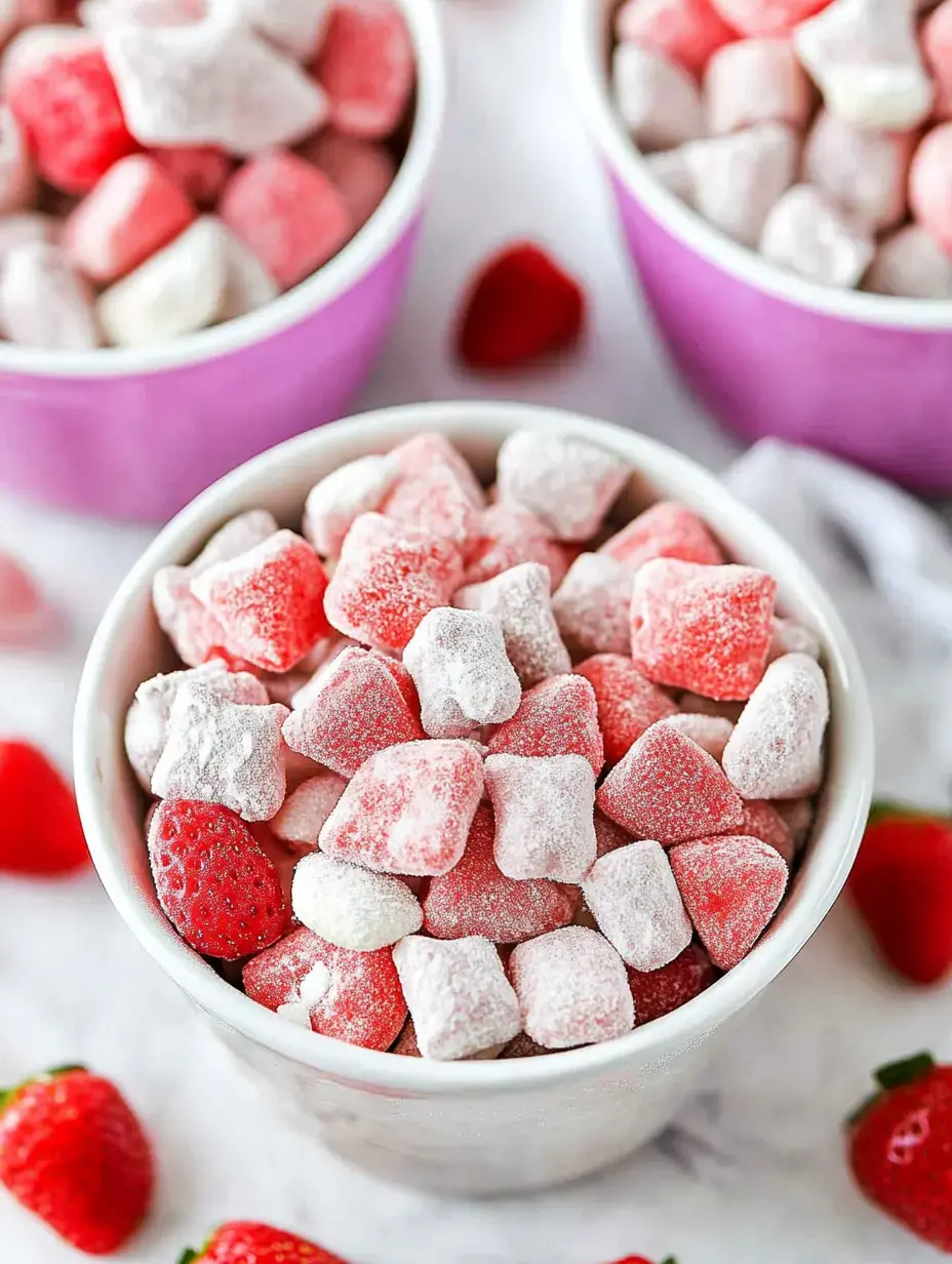 Eine Schüssel mit rosa und roten, sternförmigen Gummibärchen, bestäubt mit Puderzucker, umgeben von frischen Erdbeeren.