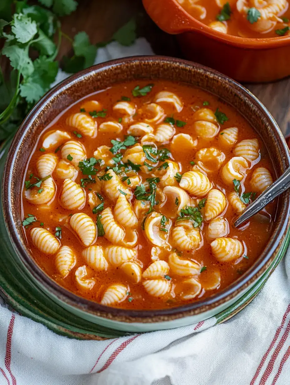 Eine Schüssel Pasta in orangener Brühe, garniert mit Petersilie. Im Hintergrund noch ein Teller davon.