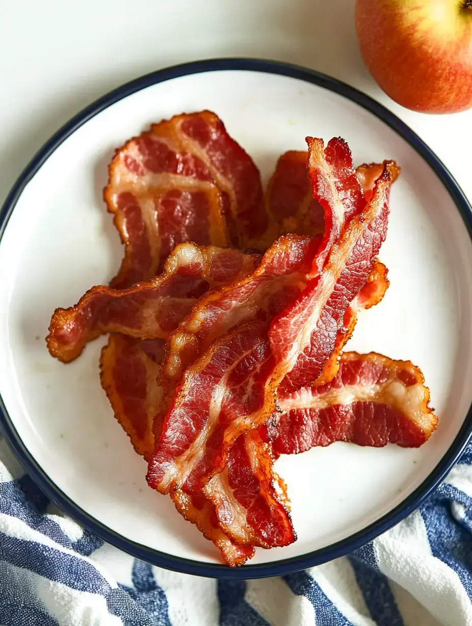Knusprig gebratene Baconstreifen liegen auf dem Teller neben einem roten Apfel.