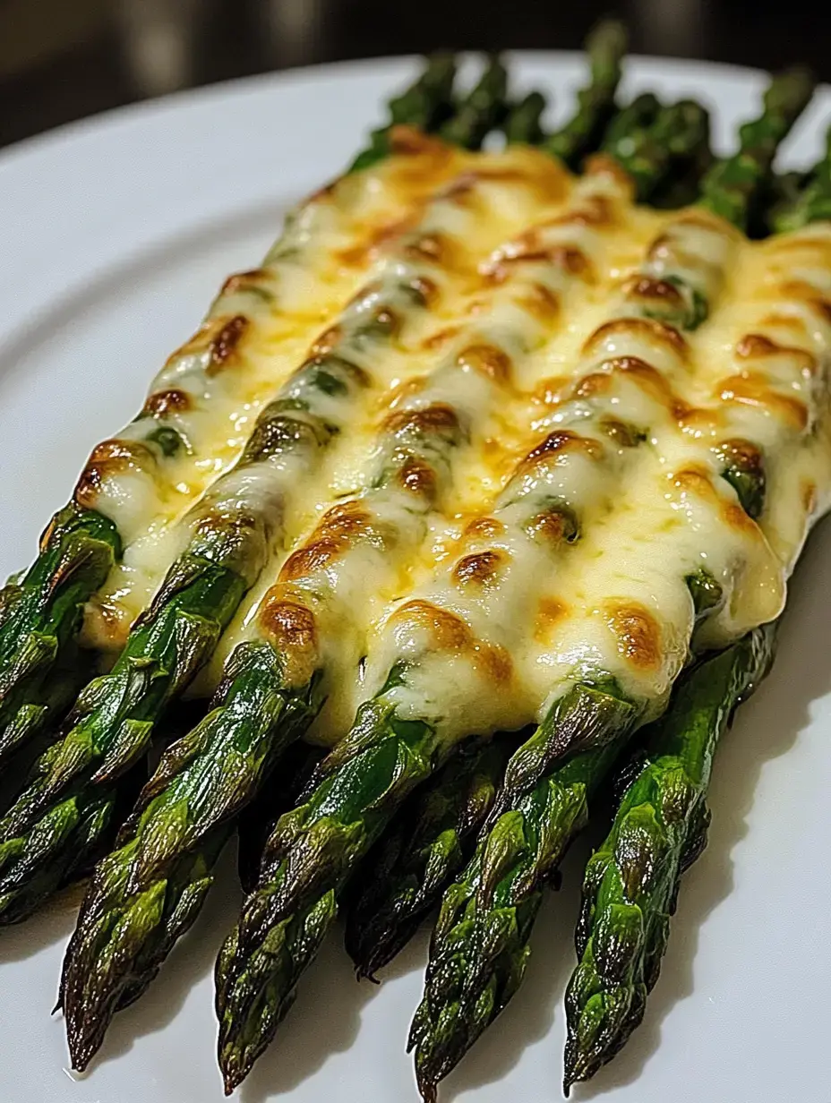 Nahaufnahme von gebackenem Spargel mit geschmolzenem Käse, ordentlich auf einem weißen Teller angerichtet.