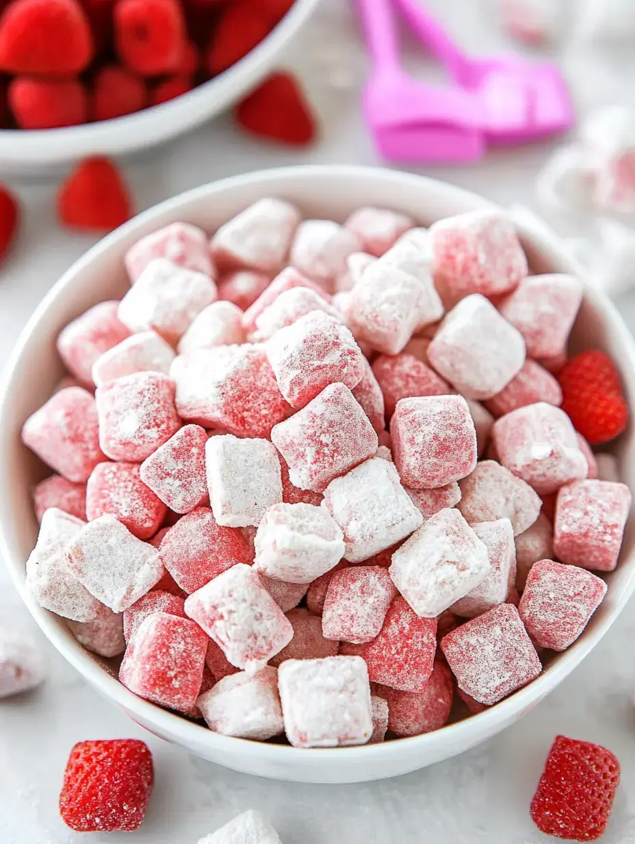 Eine Schüssel mit weiß-rosa, pudrigen Knusperwürfeln zusammen mit frischen Himbeeren und bunten Löffeln.
