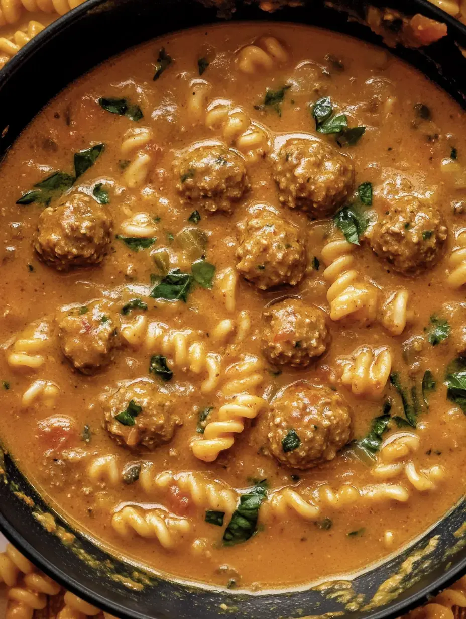 Nahaufnahme einer Schüssel voller Pasta, Fleischbällchen und cremiger Soße, getoppt mit Kräutern.