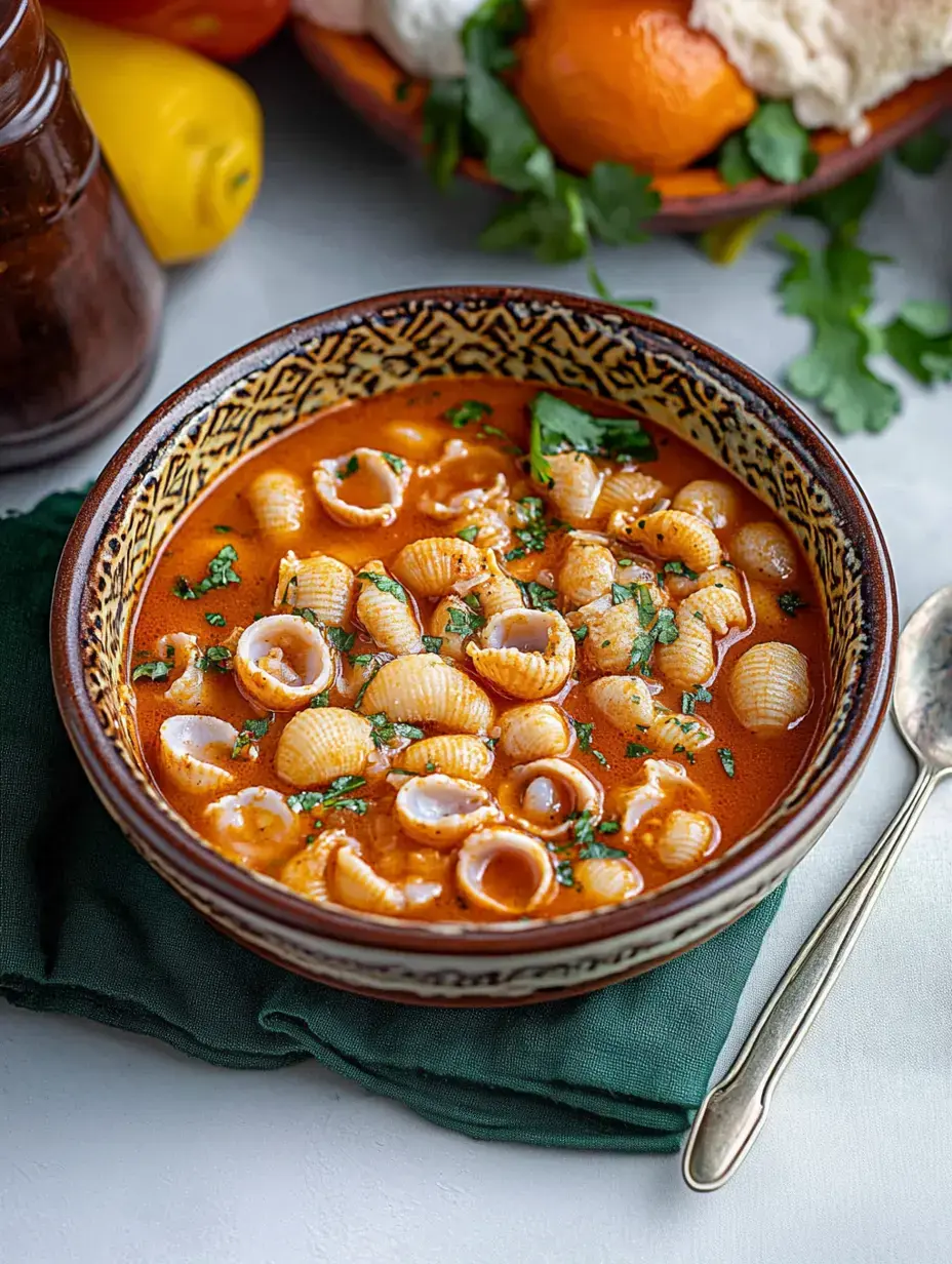 Eine Schüssel Muschelpasta in tomatiger Brühe mit Koriander, auf grünem Tuch, daneben Paprika und Brot.
