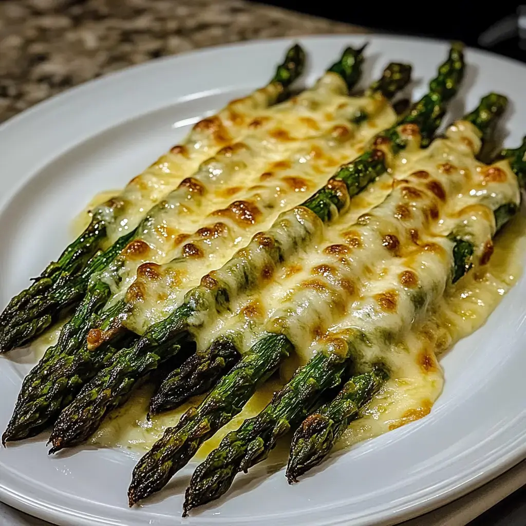 Ofen-Spargel mit goldbraun überbackenem Käse auf einem Teller.