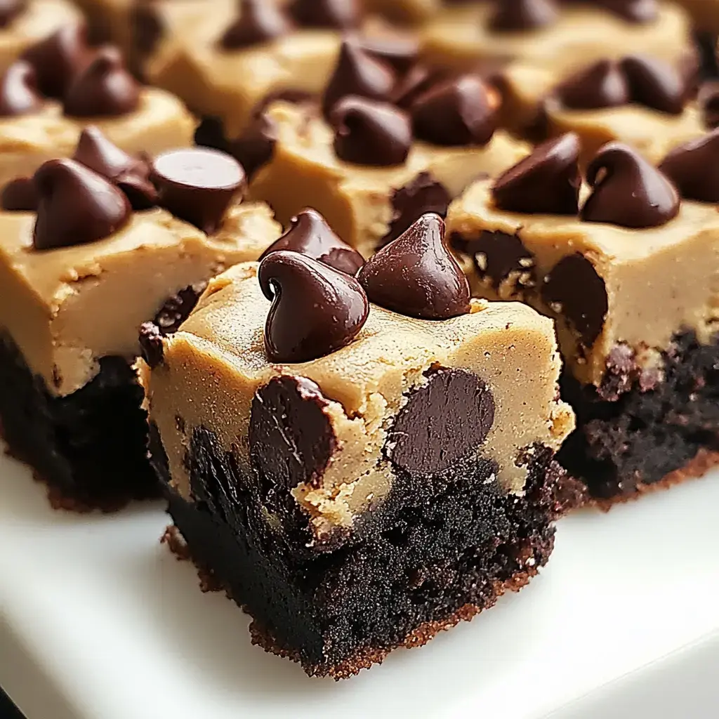 Ein überzeugender Brownie mit Cookie Dough Cremeschicht und Schokostückchen obendrauf.