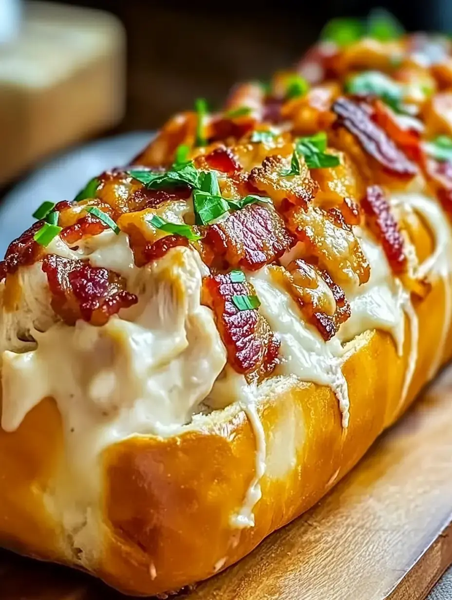 Ein aufgeschnittenes Brot mit geschmolzenem Käse, Baconstückchen und frischen Kräutern, auf einem Holzbrett angerichtet.