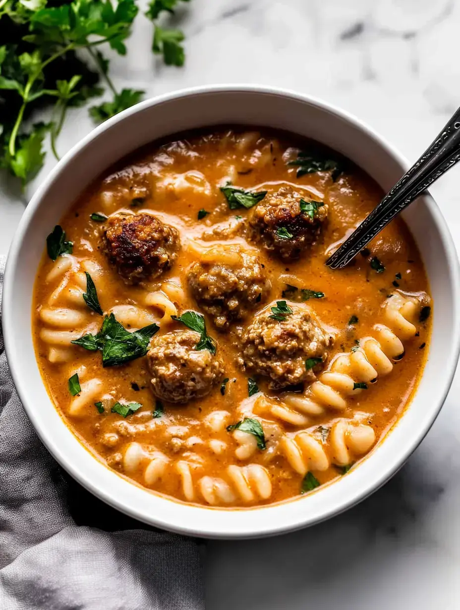 Schüssel mit cremiger Nudel-Fleischbällchen-Suppe und Petersilie garniert.