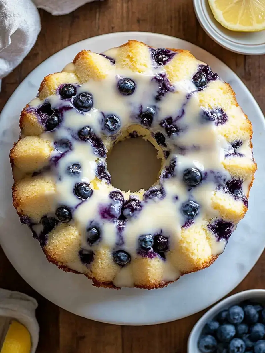 Ein saftiger Heidelbeerkuchen mit einer cremigen Glasur sitzt auf einem weißen Teller, dazu frische Heidelbeeren und eine Zitronenscheibe.