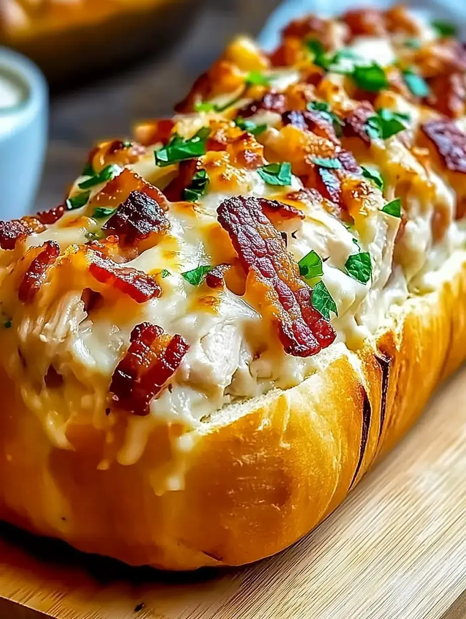 Ein goldbraunes Brot mit geschmolzenem Käse, Hähnchenwürfeln, knusprigem Bacon und frischen Kräutern auf einem Holzbrett.