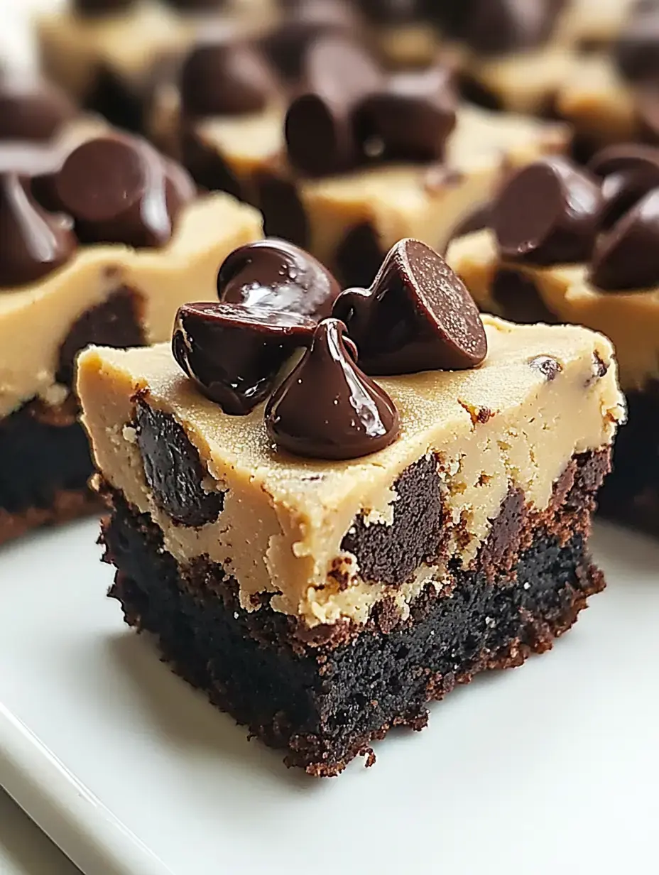 Ein Stück Brownie mit Cookie Dough Schicht und Schokostückchen im Anschnitt, deutlich erkennbar mehrlagige Textur.